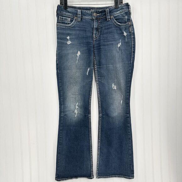 Silver Jeans Womens 30 Suki Boot Surplus Blue Bootcut Denim Western Gold Sequins - Picture 1 of 15